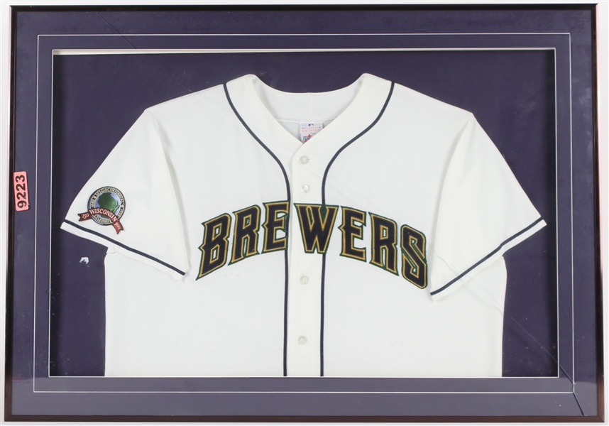 1998 Milwaukee Brewers 28" x 40" Framed Retail Jersey w/ Wisconsin Sesquicentennial Patch  