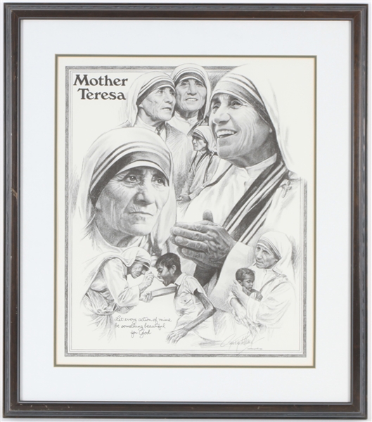 1981 Mother Teresa 27" x 31" Framed George Pollard Artist Signed Lithograph 