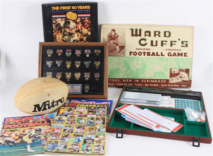 1940s-80s Football Memorabilia Collection - Lot of 12 w/ Ward Cuffs Football Board Game, Super Bowl Pin Display, NFL First 50 Years Hardcover Book & More