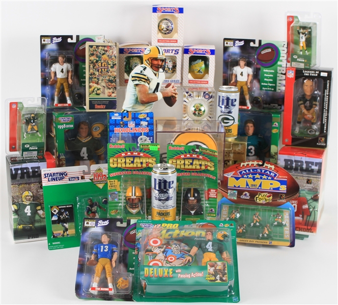 1980s-2000s Green Bay Packers Memorabilia Collection - Lot of 100+ w/ Box of Frozen Tundra, MOC Action Figures, MIB Bobbleheads, Trading Cards & More