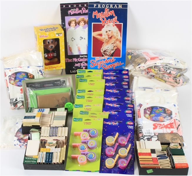1970s-2000s Americana Memorabilia Collection - Lot of 100+ w/ MOC Barney Whistles, Space Jam Towel Sets, Matchbooks, Las Vegas Items & More