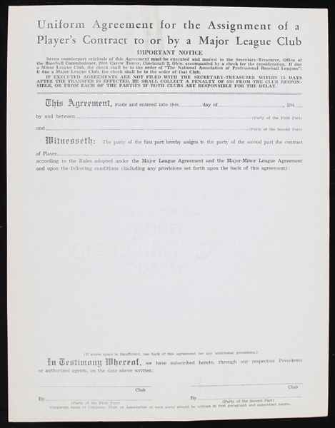 1940s Major League Club Uniform Agreement for Assignment of Players Contract 