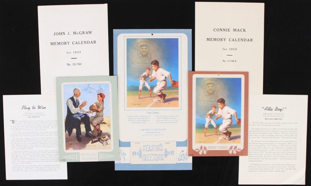 1952-53 William Medcalf Memory Calendars & Seasons Greeting Cards - Lot of 3 w/ Connie Mack & John McGraw