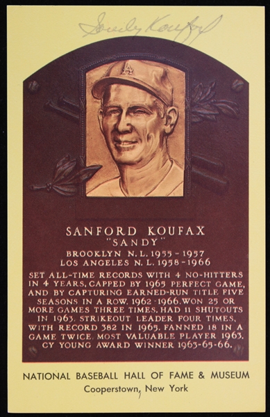 1972 Sandy Koufax Los Angeles Dodgers Signed 3.5" x 5.5" Yellow HOF Postcard (JSA)