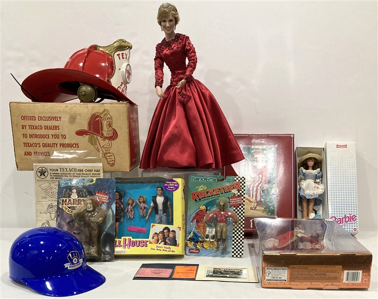 1960s-1990s Barbie, Full House, Rocketeer Figures, Dolls, Fire Truck Helmet & more (Lot of 12)