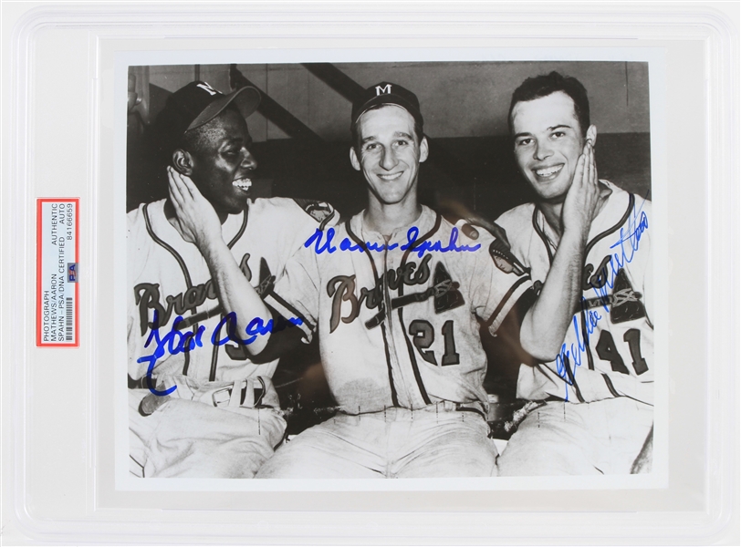 1957 Hank Aaron, Warren Spahn, Eddie Mathews Milwaukee Braves Signed 8x10 Photo (PSA/DNA Slabbed)