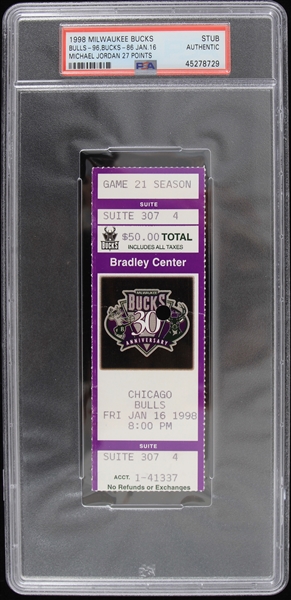 1998 Milwaukee Bucks vs Chicago Bulls Michael Jordan 27 Points Ticket Stub (PSA Authentic)