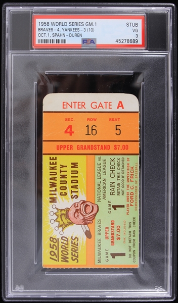 1958 Milwaukee Braves vs New York Yankees Spahn - Duren World Series Game 1 Ticket Stub (PSA  VG 3)