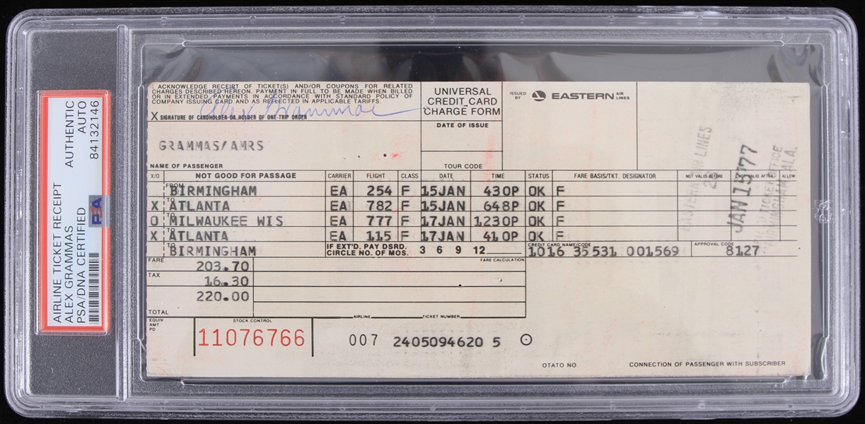 1977 Alex Grammas Milwaukee Brewers Signed Airline Ticket Receipt (PSA/DNA Slabbed) 
