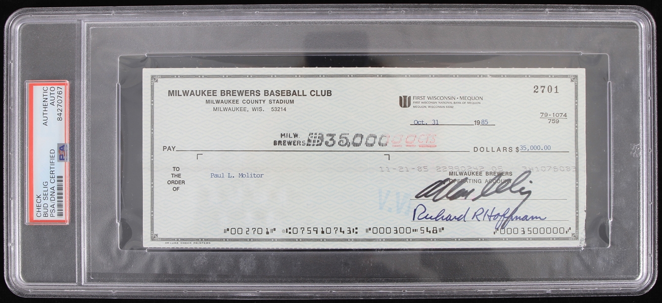 1985 Bud Selig Milwaukee Brewers Signed Check (PSA/DNA Slabbed)