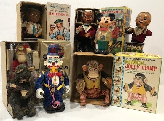 1962-1989 Bartender, Musical Jolly Chimp, Charley Weaver & more Battery Powered Toys (Lot of 8)