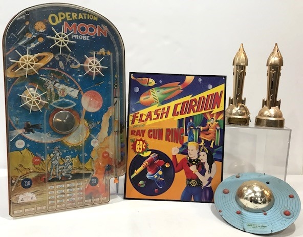 1960-1993 Flash Gordon Sign, Operation Moon Probe Game & Space Banks (Lot of 5)