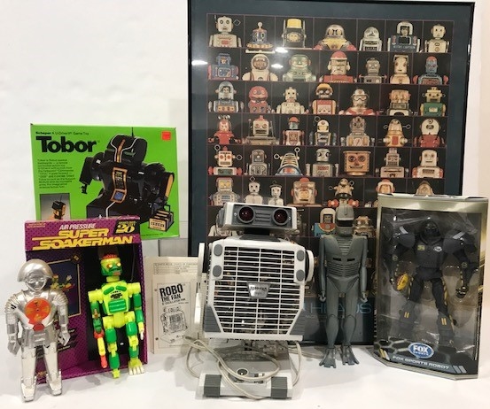 Robot Toys & Framed Poster Including Tobor, Robo the Fan & more (Lot of 7)