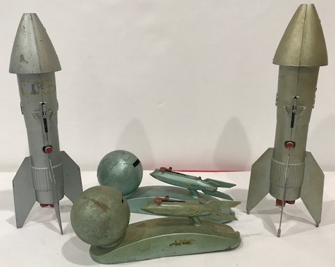 1950s-1960s Berzac Creations 11" Rocket Banks & Strato 8" Moon Rocket Metal Banks (Lot of 4)