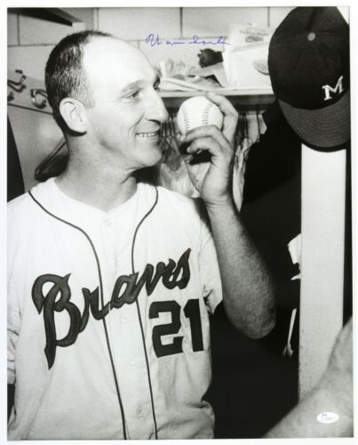 1963-64 Warren Spahn Milwaukee Braves Kissing the Baseball Signed 16x20 Photo (JSA)