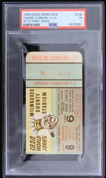 1958 Milwaukee Braves World Series Game 6 Duren-Spahn Ticket Stub (PSA PR 1) 