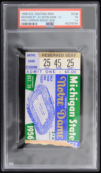 1956 Notre Dame Fighting Irish Paul Hornung Senior Year Ticket Stub (PSA FR 1.5) 