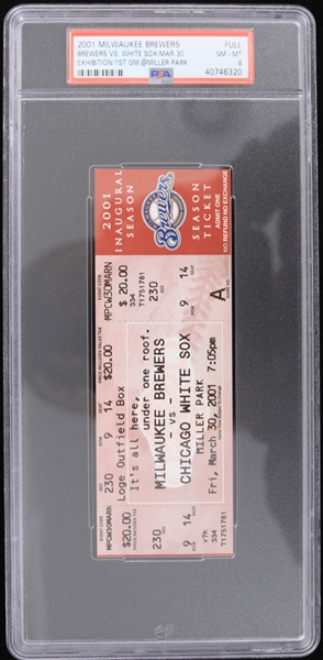 2001 Milwaukee Brewers Exhibition 1st Game at Miller Park Full Ticket (PSA NM-MT 8) 