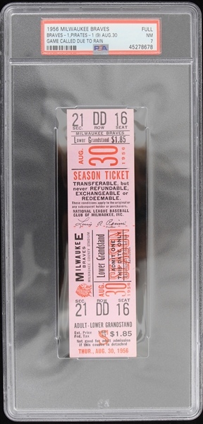 1956 Milwaukee Braves Game Called Due to Rain Full Ticket (PSA NM 7) 