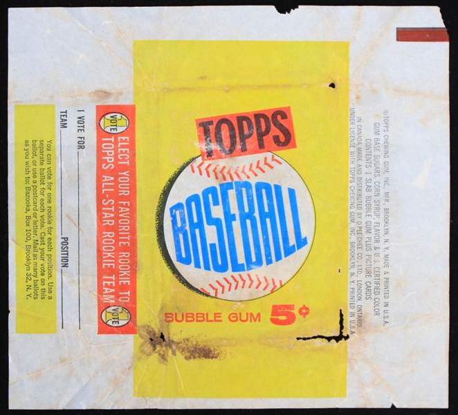 1962 Topps Original Baseball Bubble Gum 5 Cent Wax Pack Wrapper 