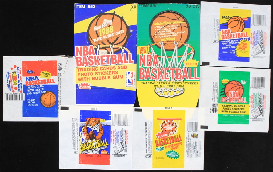 1986-1990 Fleer Original NBA Basketball Wax Pack Wrappers & Box Display Covers (Lot of 7)