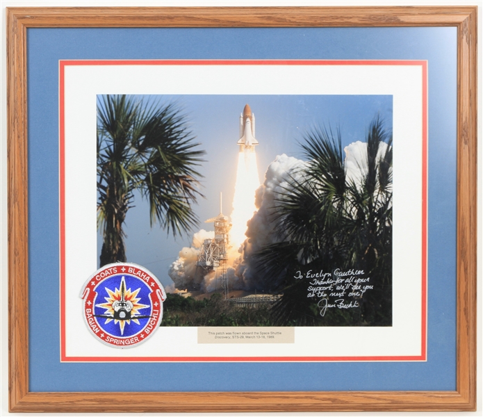 1989 James Buchli NASA Astronaut Space Shuttle Discovery Signed 19x22 Framed Photo w/ Shuttle-Worn Patch (JSA)