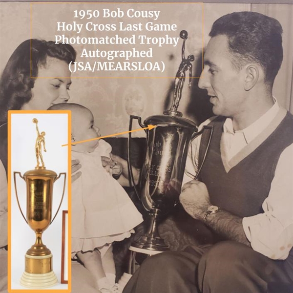 1950 Bob Cousy Last Game At Holy Cross Autographed 33" Trophy (MEARS LOA) Photo Matched!!!