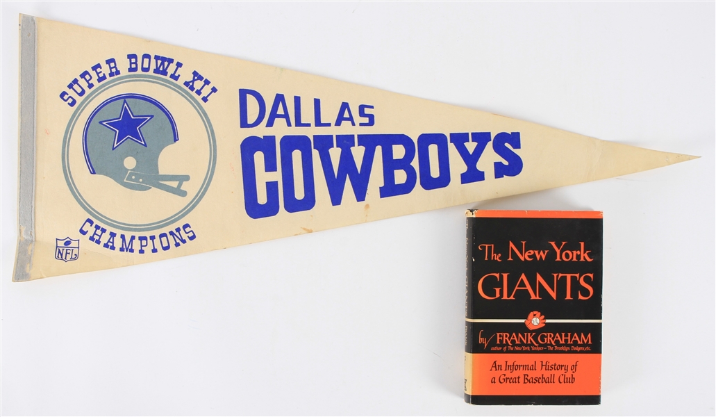1952-78 New York Giants Hardcover Book & Dallas Cowboys Super Bowl XII Champion Full Size Pennant - Lot of 2
