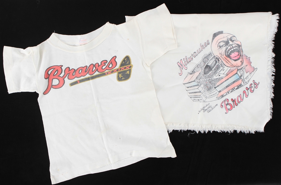1950s-60s Milwaukee Braves Memorabilia - Lot of 2 w/ 48" x 48" Handkerchief and Youth T-Shirt
