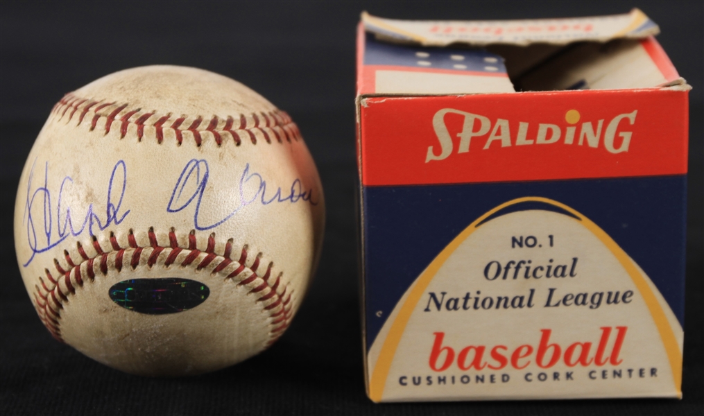 1960 Milwaukee Braves County Stadium Game Used ONL Giles baseball Hit by Joe Adcock vs. Cincinatti Signed by Hank Aaron In Original Box (MEARS/Steiner) Officer Wobszal Collection