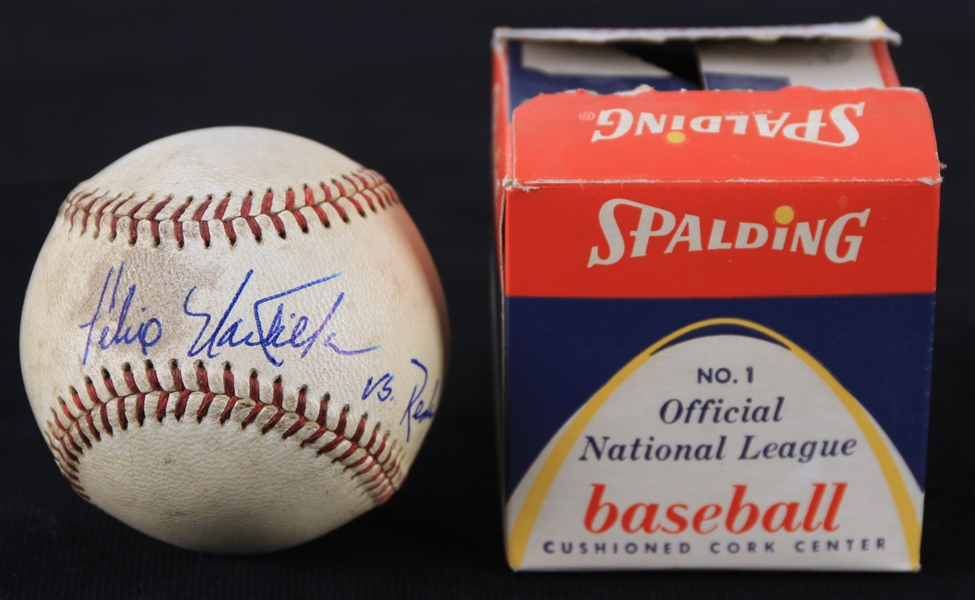 1961 Milwaukee Braves County Stadium Game Used ONL Giles baseball Hit & Signed by Felix Mantilla vs Cinninatti In Original Box (MEARS/JSA) Officer Wobszal Collection