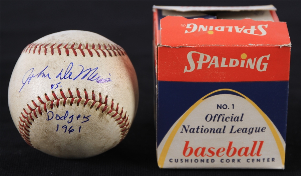 1961 Milwaukee Braves County Stadium Game Used ONL Giles baseball Hit & Signed by John De Merit vs Dodgers In Original Box (MEARS/JSA) Officer Wobszal Collection