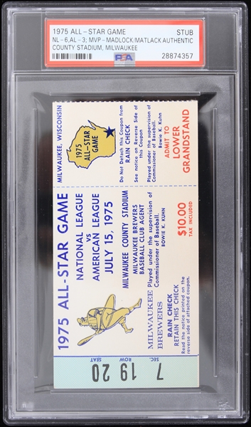 1975 All Star Game MVP Madlock/Matlack County Stadium Milwaukee Ticket Stub (PSA Slabbed) 