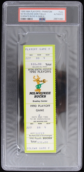 1990 Milwaukee Bucks Playoffs Eliminate Bucks in Game B Phantom Full Ticket (PSA Slabbed) 