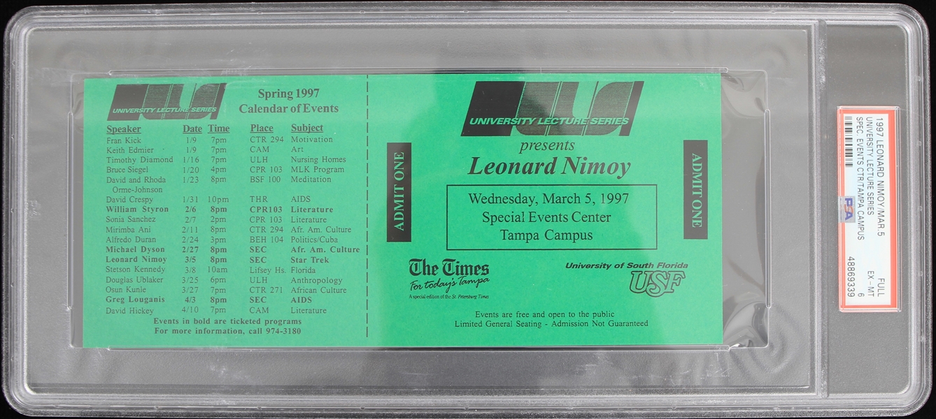 1997 Leonard Nimoy University Lecture Series Tampa Campus Full Ticket (PSA EX-MT 6) 