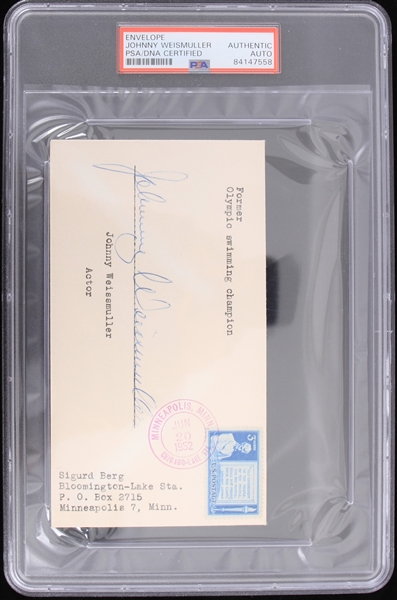 1952 Johnny Weissmuller Olympic Swimming Champion Signed Envelope (PSA/DNA Slabbed) 