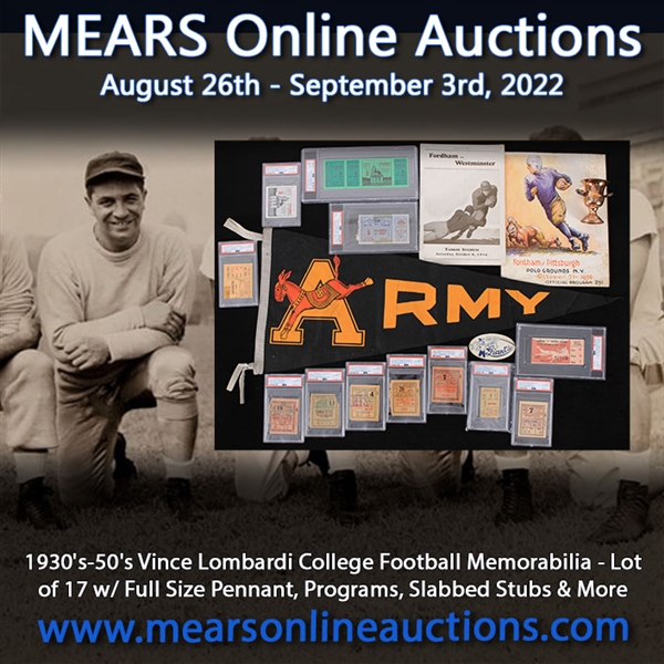1930s-50s Vince Lombardi College Football Memorabilia - Lot of 17 w/ Full Size Pennant, Programs, Slabbed Stubs & More