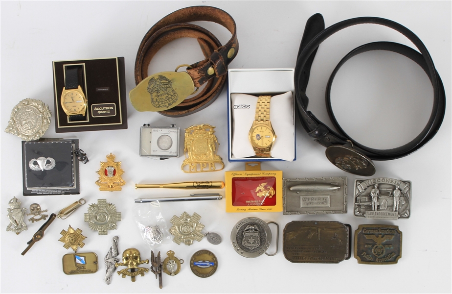 1950s-80s Police & Americana Memorabilia Collection - Lot of 30+ w/ Belt Buckles, Watches, Badges & More