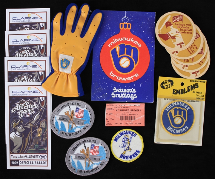 1970s-2000s Milwaukee Brewers Memorabilia Collection - Lot of 18 w/  1999 Ironworkers Local 8 Patches, Coasters, All Star Ballots & More