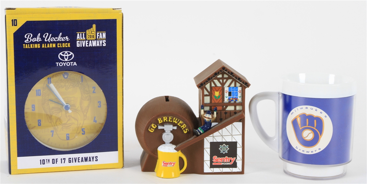 1980s-2000s Milwaukee Brewers Memorabilia Collection - Lot of 3 w/ MIB Talking Bob Uecker Alarm Clock, Bernie Brewers Sentry Slide Coin Bank & More
