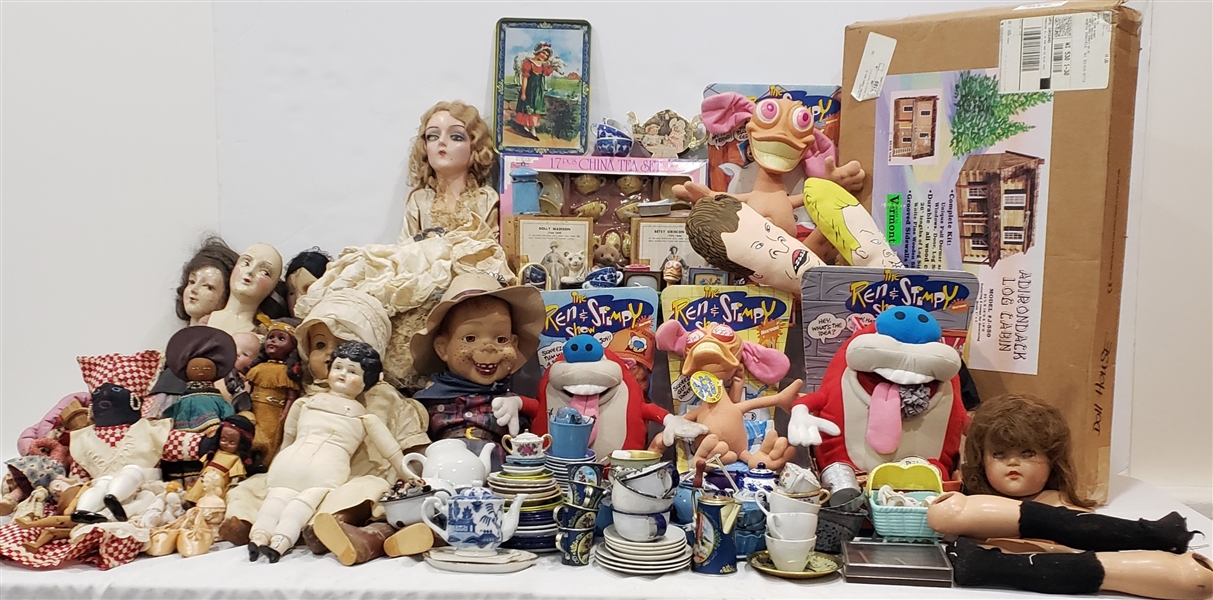 1900s-1990s Porcelain Dolls, Tea Sets, Ren & Stimpy Plush Toys and more (Lot of 75+)