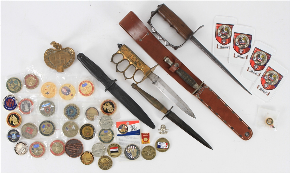 1910s-70s Military Memorabilia Collection - Lot of 35+ w/ Knives, Medallions, Ashtray & More