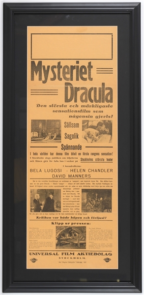 1931 Bela Lugosi "Mysteriet Dracula" Universal Film Aktiebolag Swedish 18x38 Framed Broadside 