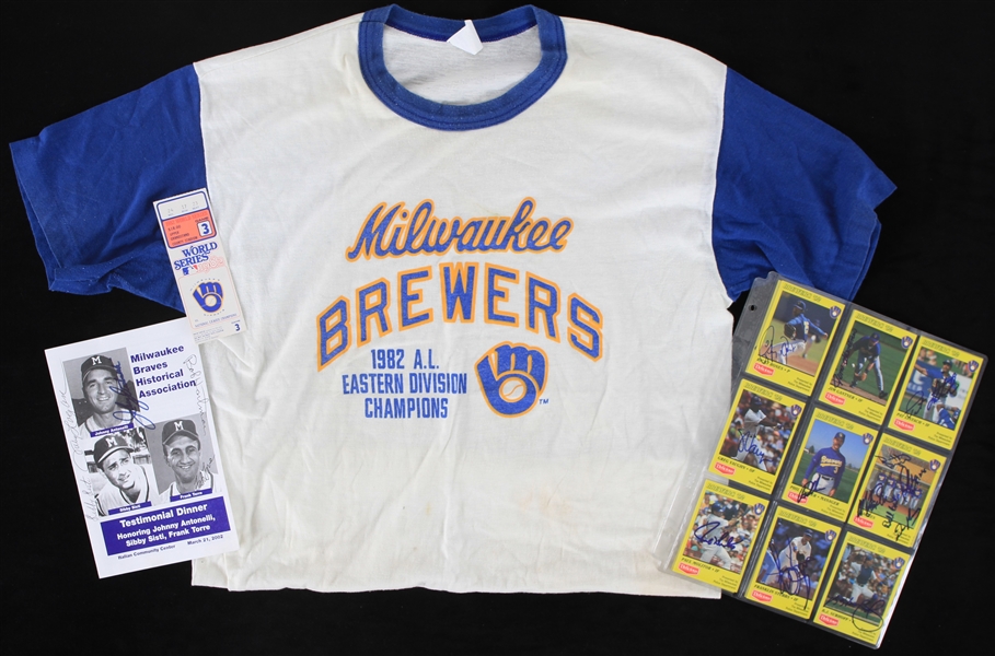 1980s-90s Milwaukee Brewers Memorabilia Collection - Lot of 57 w/ 1982 World Series Ticket Stub, 1982 Al East Champs T-Shirt, Signed Trading Cards & More
