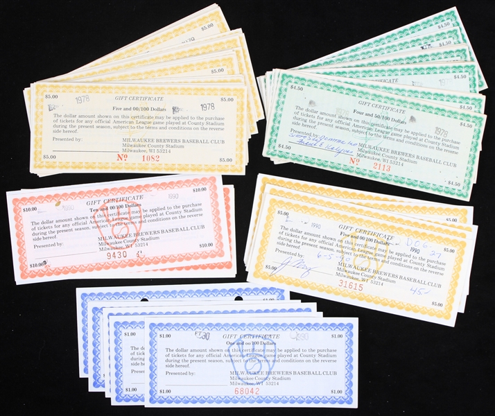 1978-1990 Milwaukee Brewers County Stadium Ticket Gift Certificates (Lot of 65)