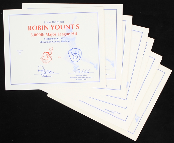 1992 Robin Yount Milwaukee Brewers 3,000th Major League Hit "I Was There" 8x10 Certificates (Lot of 10)