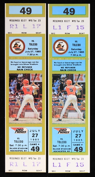 1985 Rochester Red Wings Cal Ripken Jr Photo vs Toledo Full Tickets (Lot of 2)