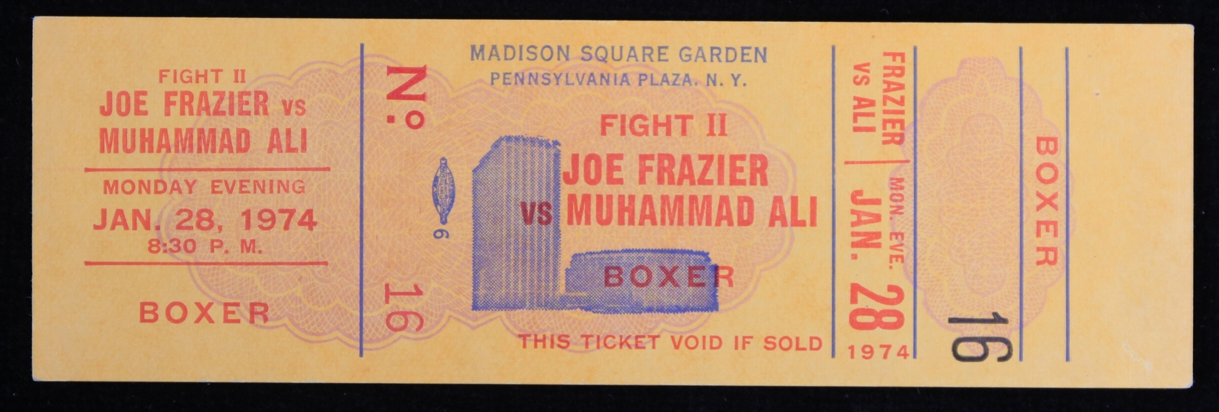 1974 Joe Frazier vs Muhammad Ali Fight II Madison Square Garden Full Onsite Ticket 