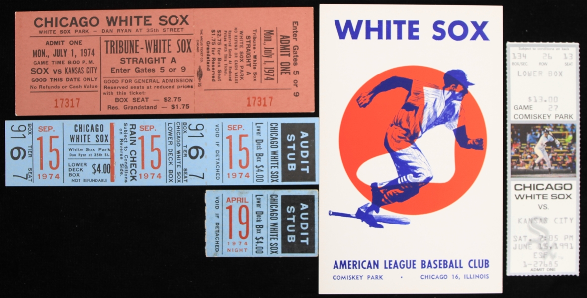 1974-1991 Chicago White Sox Full Tickets, Stub, and Postcard (Lot of 5)