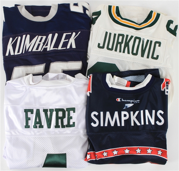 1990s-2000s Football Jersey Collection - Lot of 4 w/ Brett Favre Jets Retail, John Jurkovic Packers & More (MEARS LOA)
